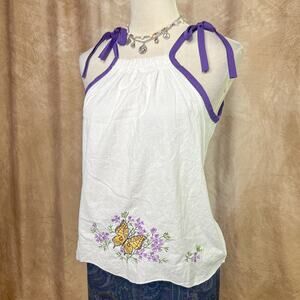 Y2K Handmade Babydoll Blouse Embroidered Butterfly Floral Doily Tank Top Cottage